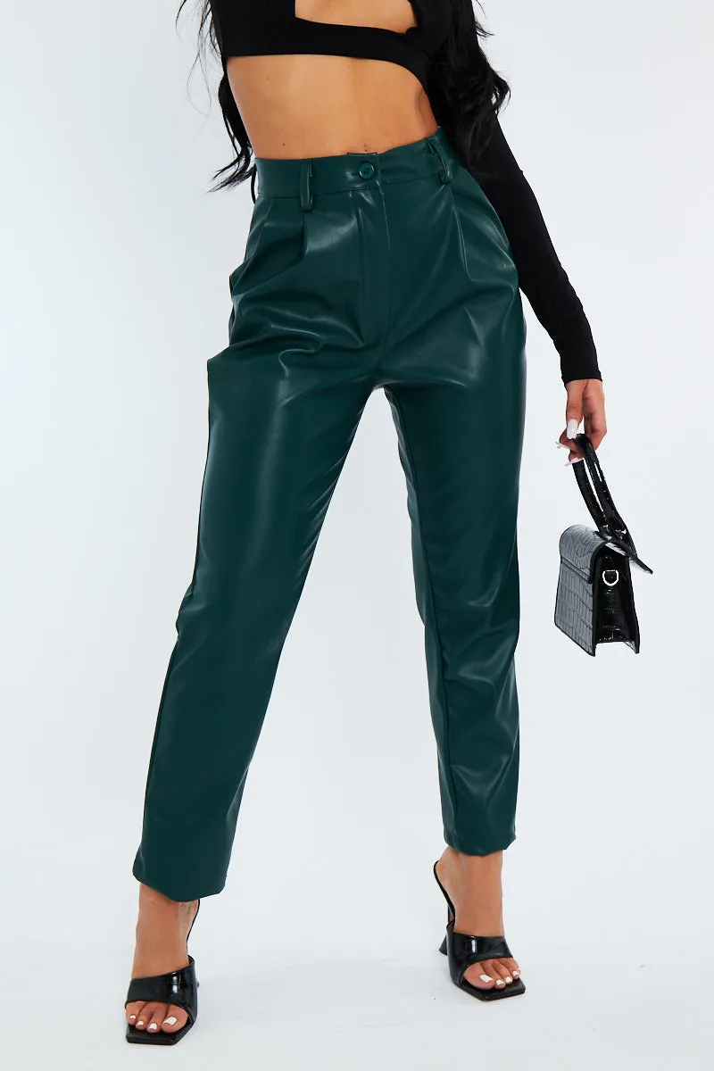 Emerald Green Tailored Fit PU Leather Trousers - Nadya