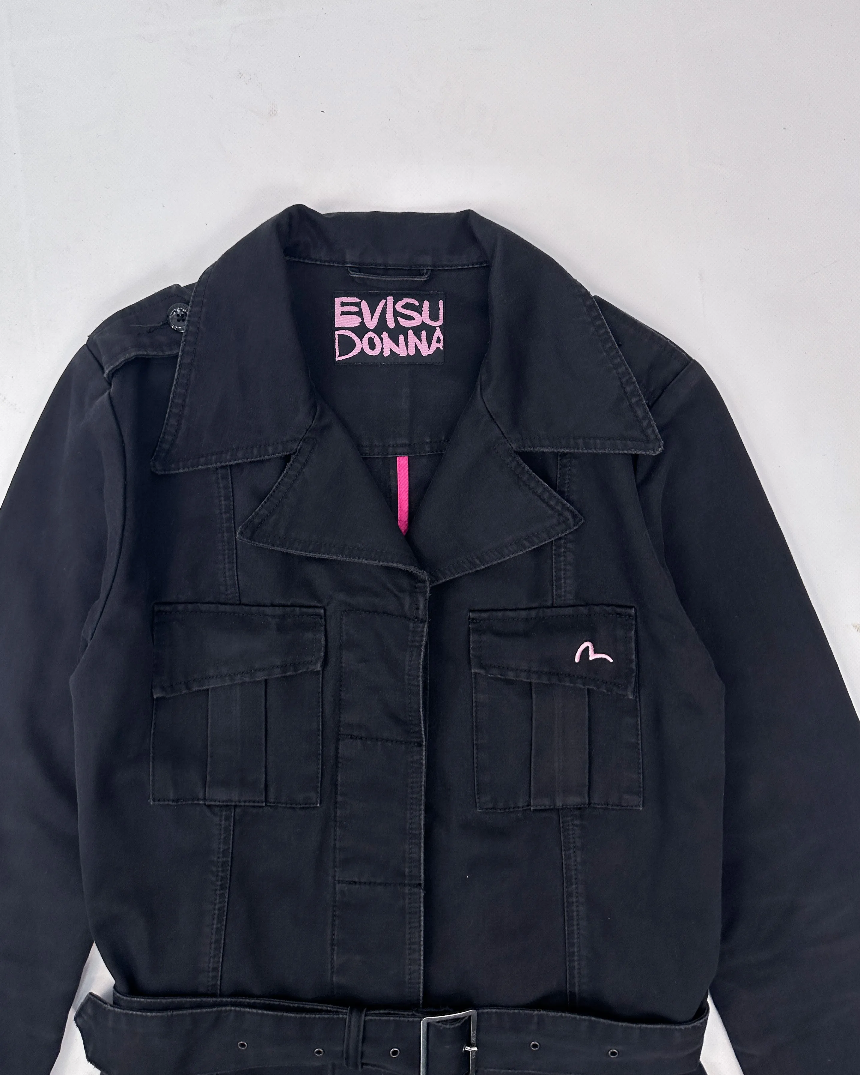 Evisu Donna Black Utility Trench Coat 2000's