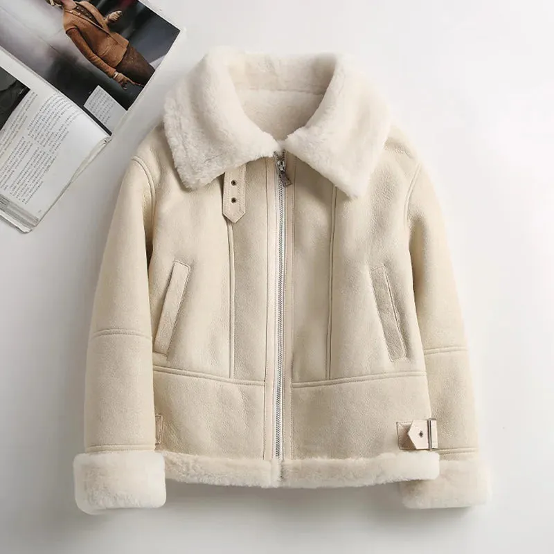 Fashion Shearling Genuine Leather Bomber Jacket for Women (3 colors)