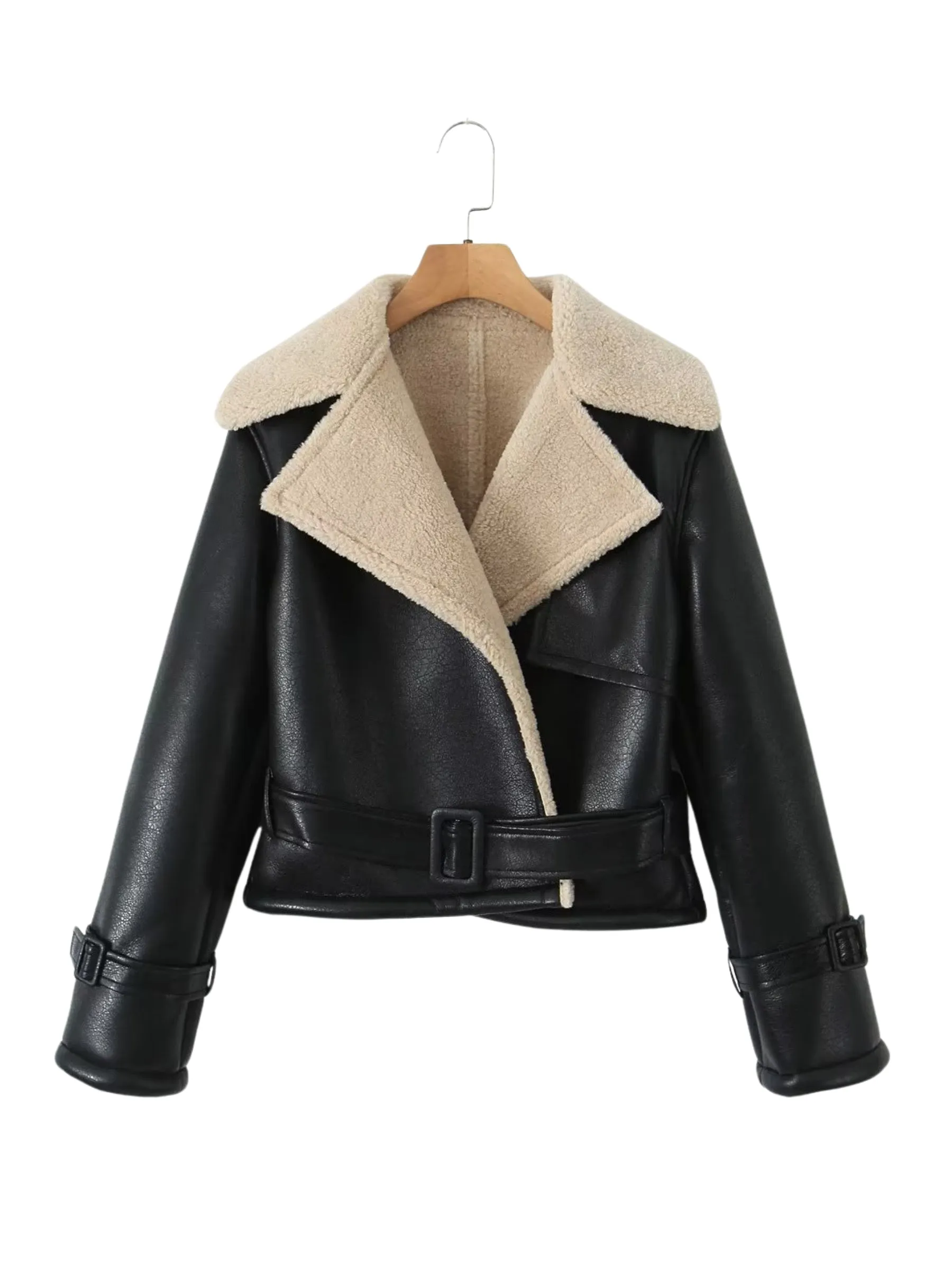 Fashionkova Leeana Shearling Faux Leather Aviator Jacket