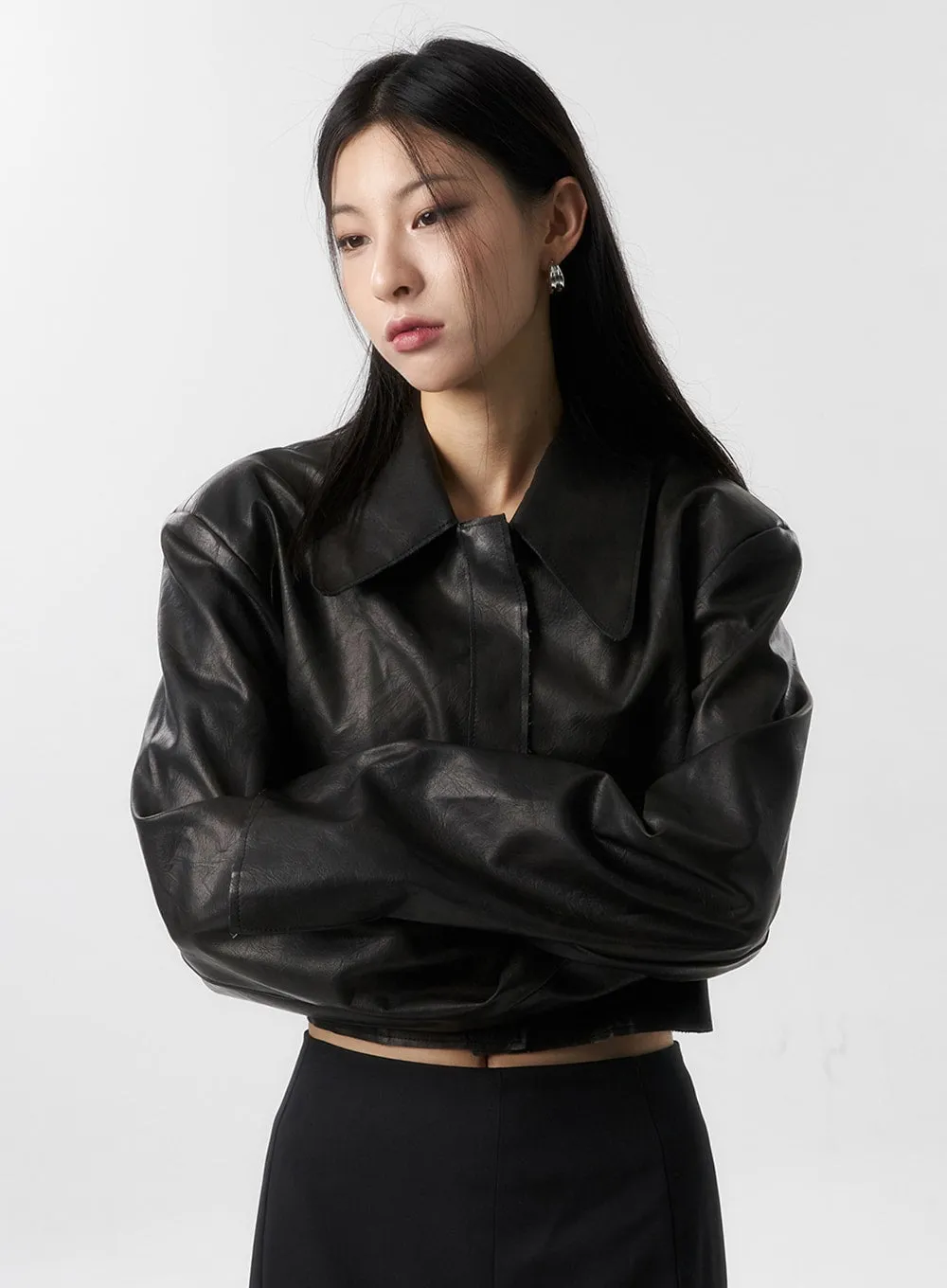 Faux Leather Crop Jacket IS315