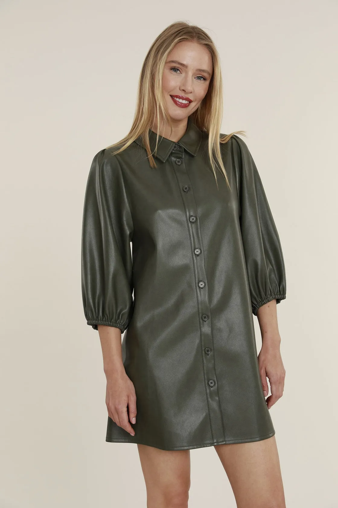 Faux Leather Dress with Puff Sleeves