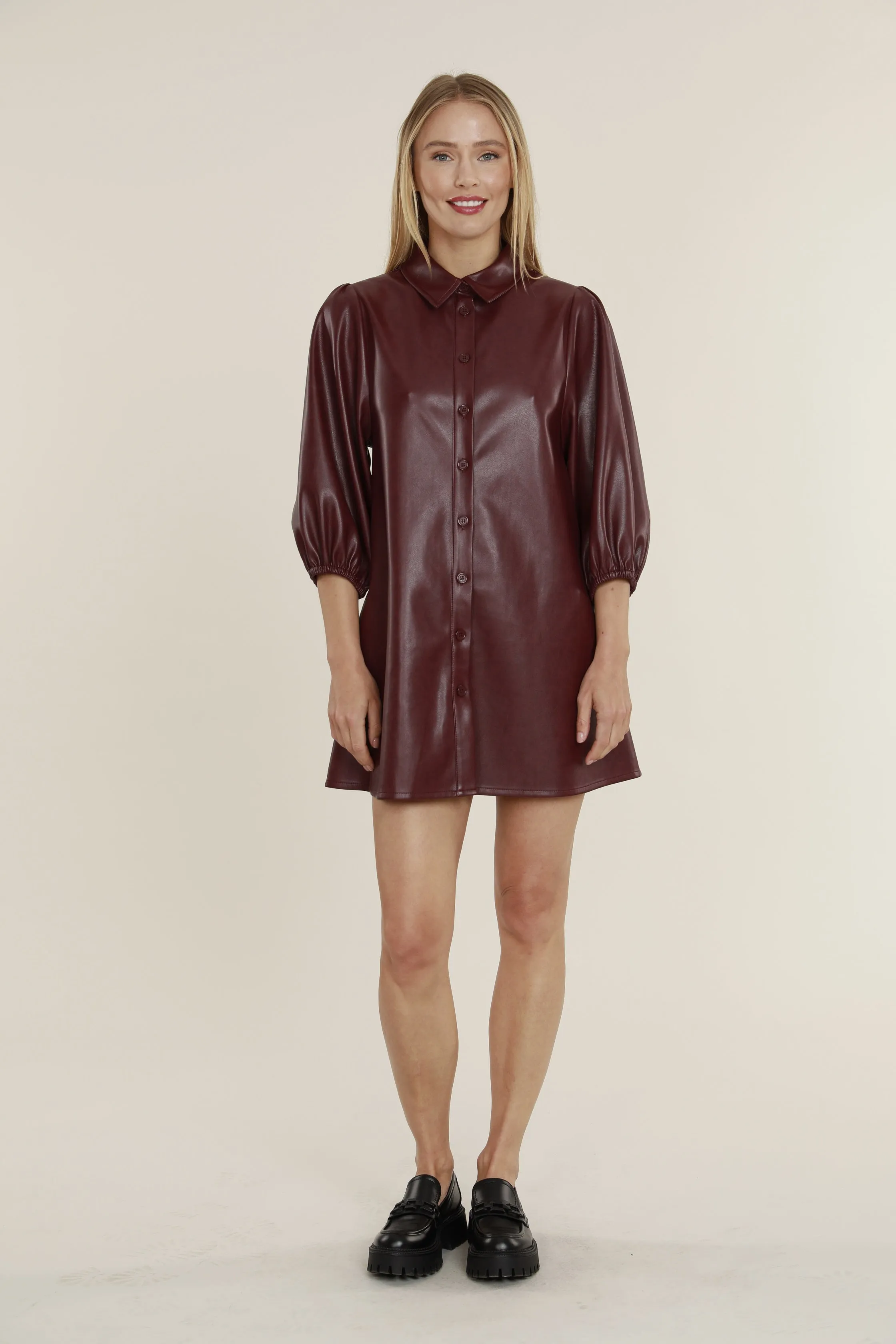 Faux Leather Dress with Puff Sleeves