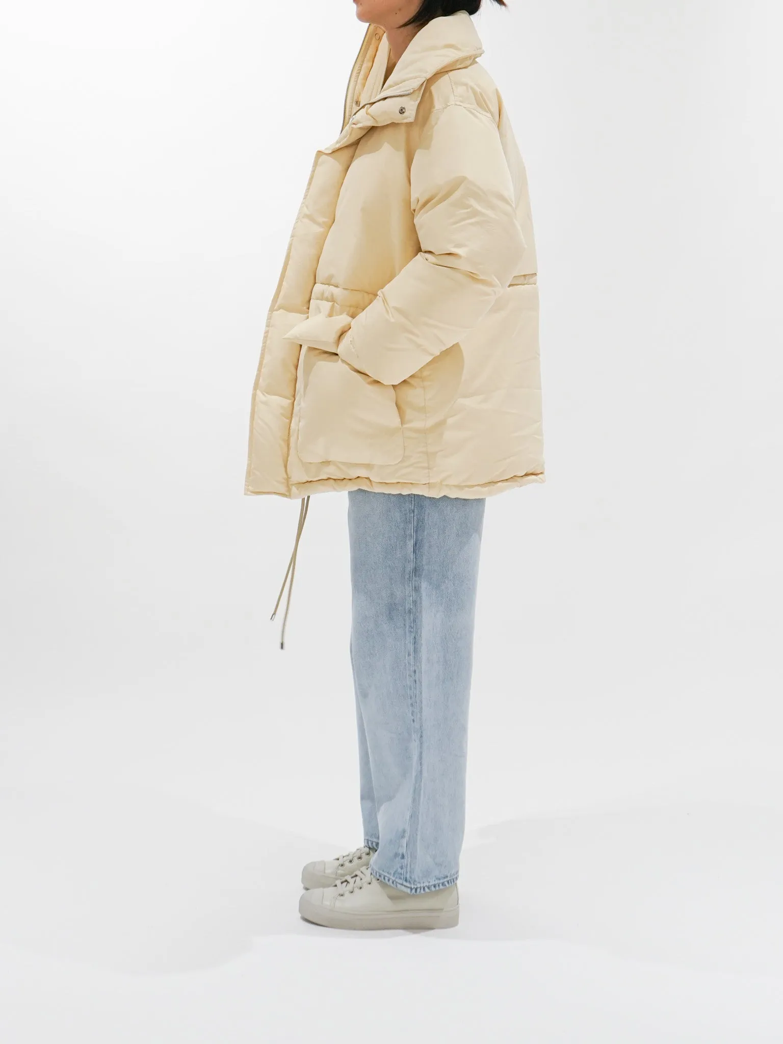 Fine Polyester Chambray Down Coat - Light Ivory Chambray