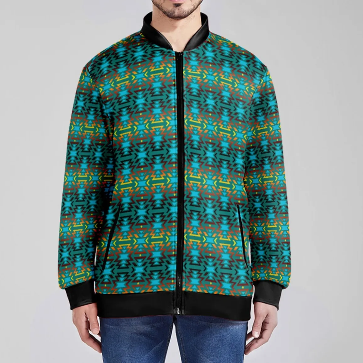 Fire Colors and Turquoise Teal Zippered Collared Lightweight Jacket