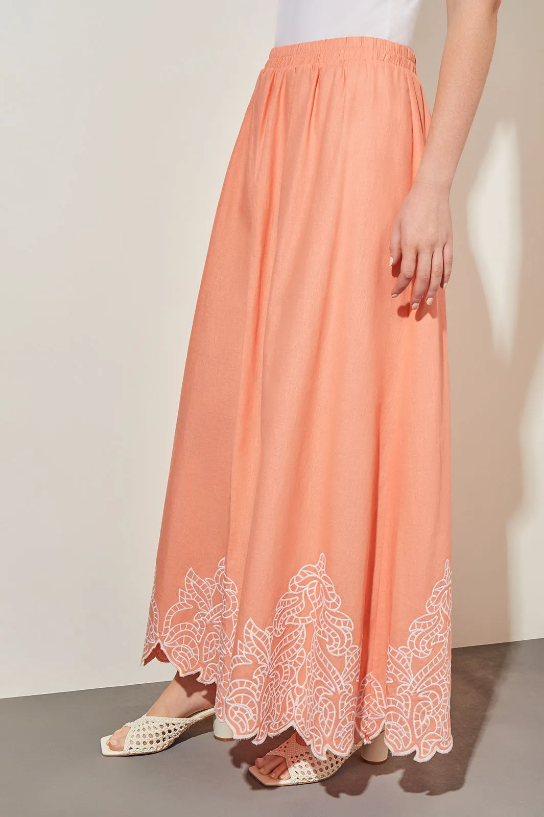 Flare Maxi Skirt - Embroidered Hem Woven