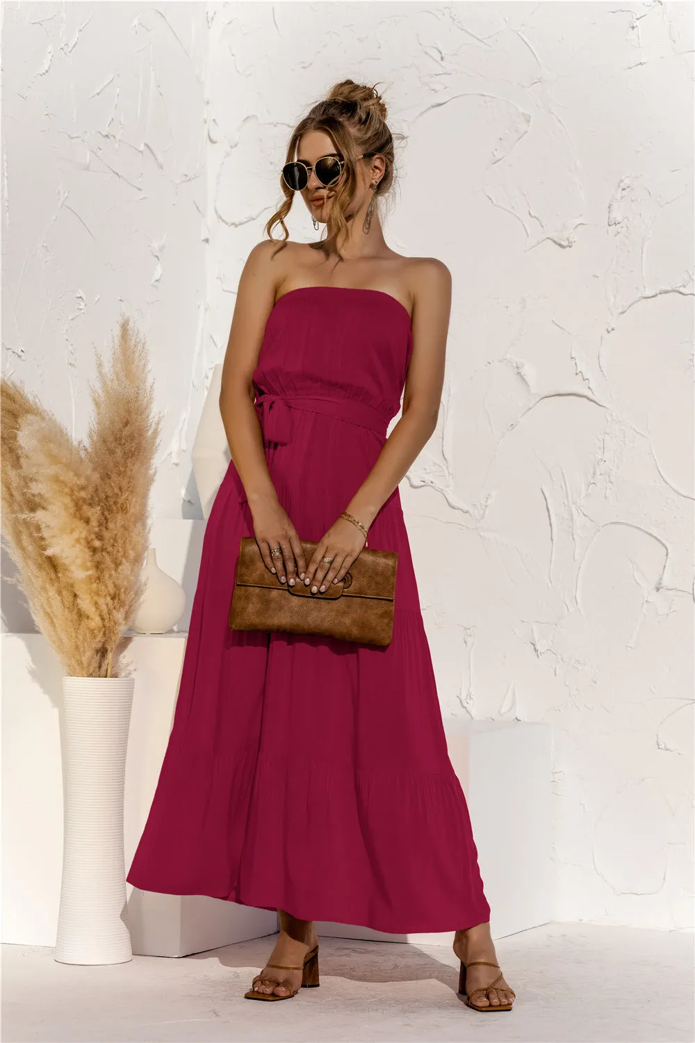 Free Falling Strapless Tiered Maxi Dress - Merlot