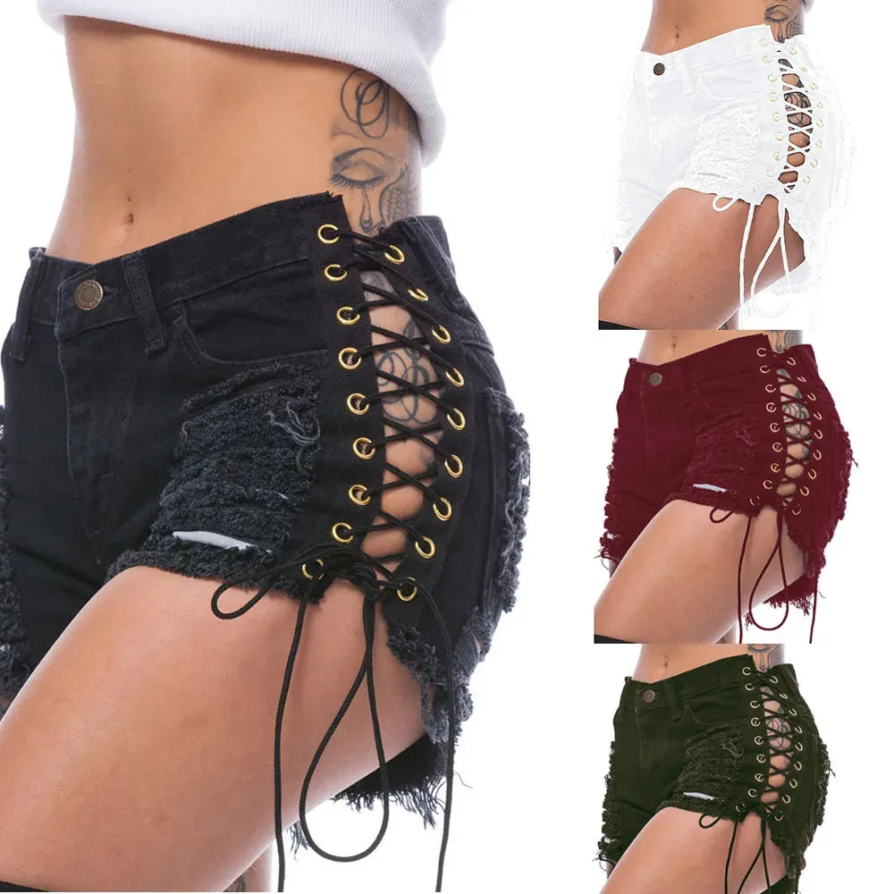 Funki Buys | Shorts | Women's Goth Punk Lace Up Denim Shorts