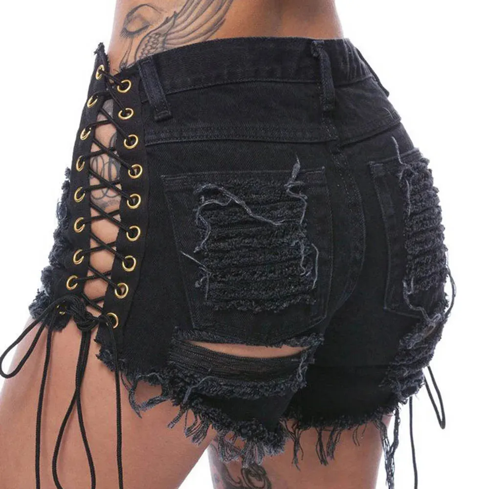 Funki Buys | Shorts | Women's Goth Punk Lace Up Denim Shorts