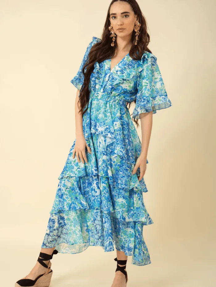 Hale Bob PEYTON Blue Tiered Maxi Dress 3YNG644A