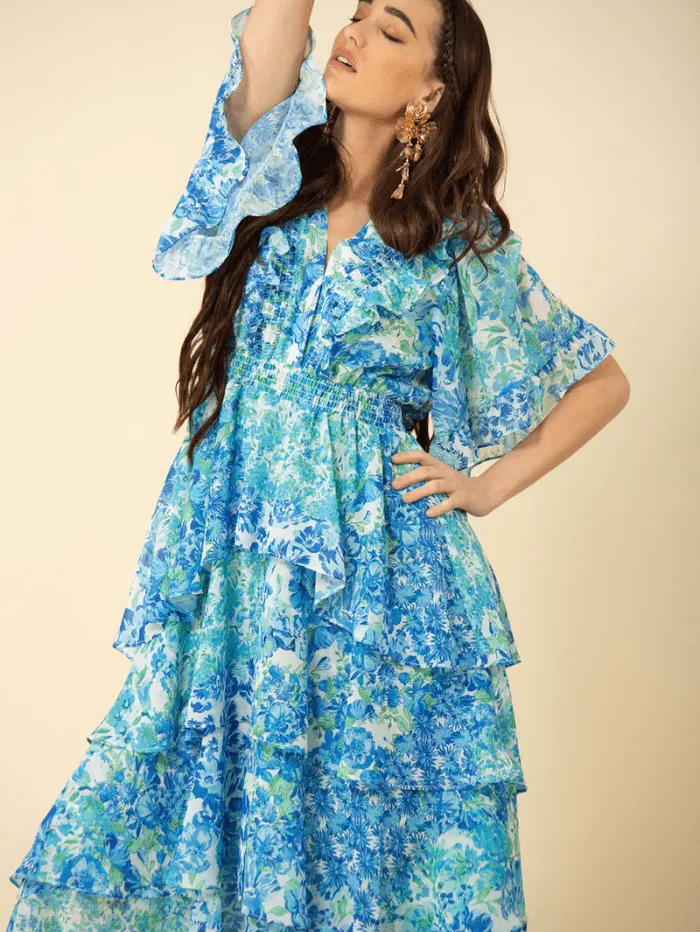 Hale Bob PEYTON Blue Tiered Maxi Dress 3YNG644A