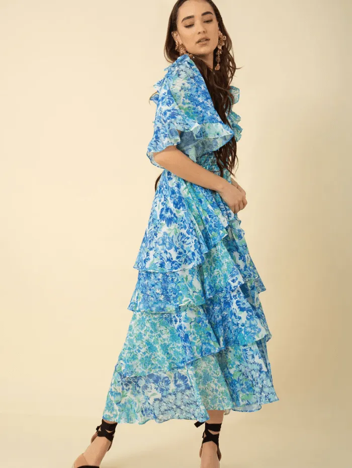 Hale Bob PEYTON Blue Tiered Maxi Dress 3YNG644A