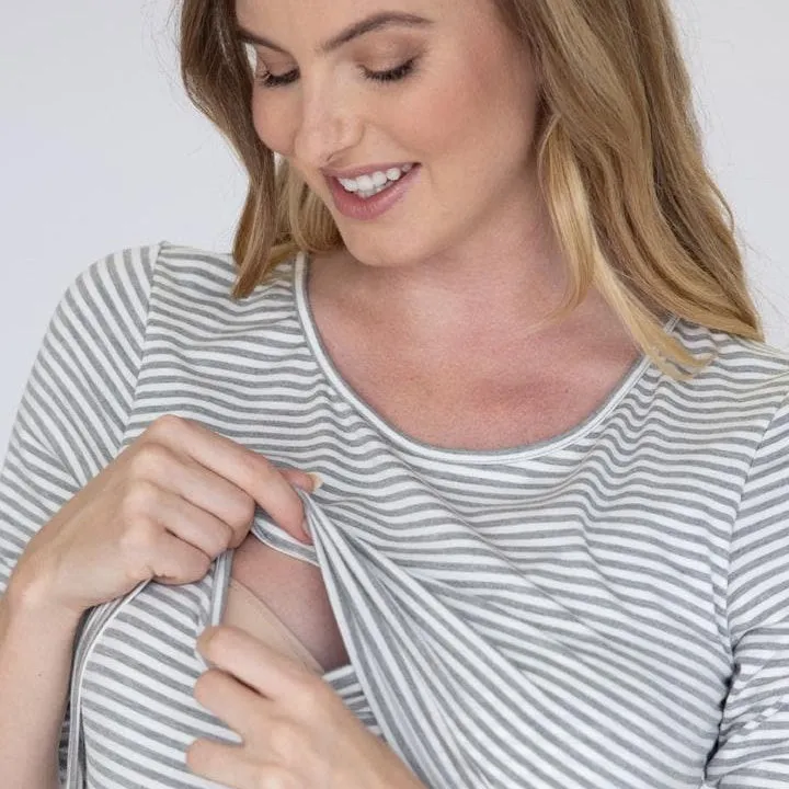 Half Sleeve Maternity & Nursing Top - Grey Stripes