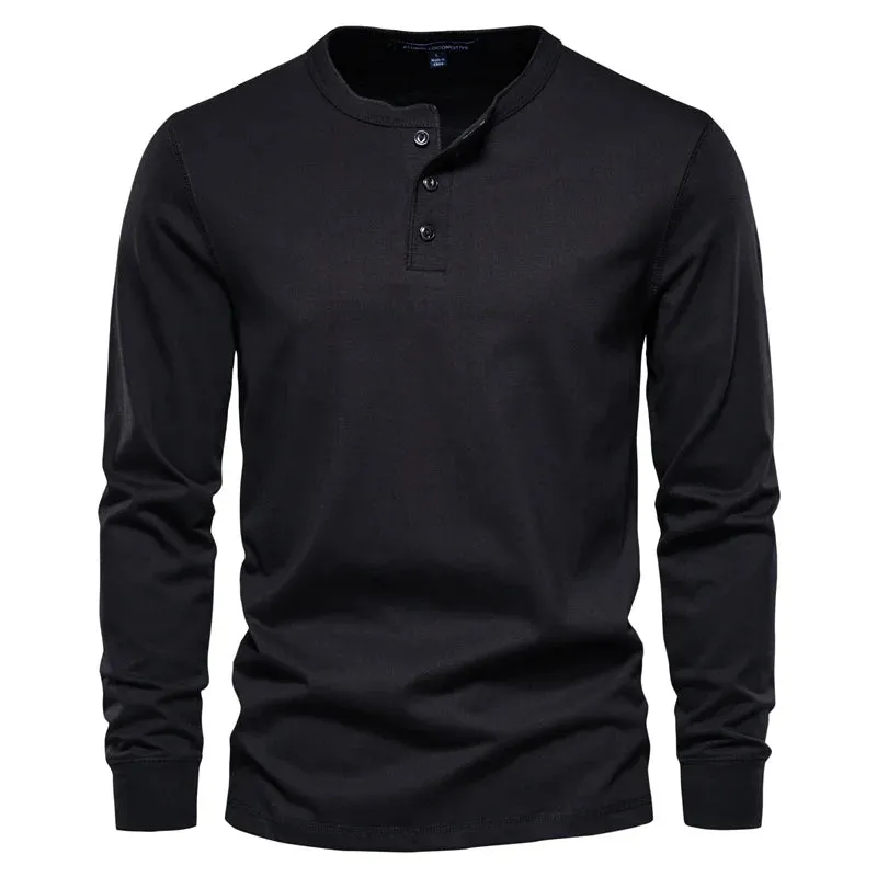 Henley Collar T Shirt Men Casual Solid Color Long Sleeve T Shirt for Men Autumn High Quality 100% Cotton Mens T Shirts