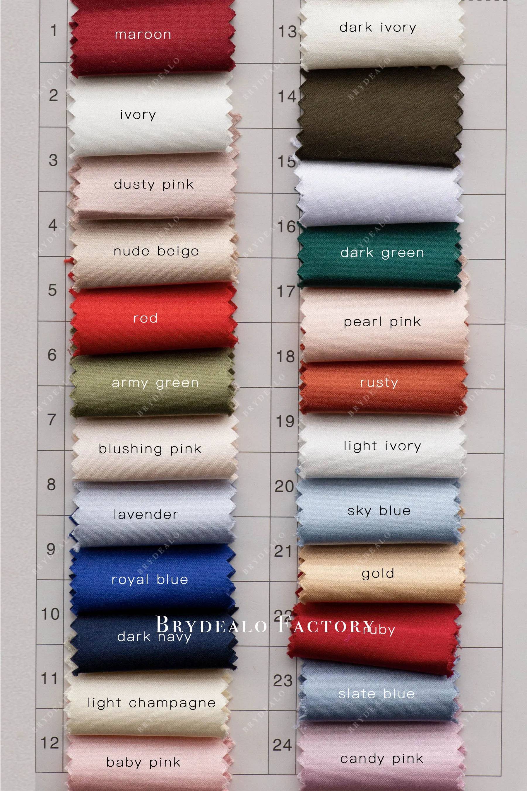 High-End Sheen Bridal Satin Fabric Color Chart｜30  Colors