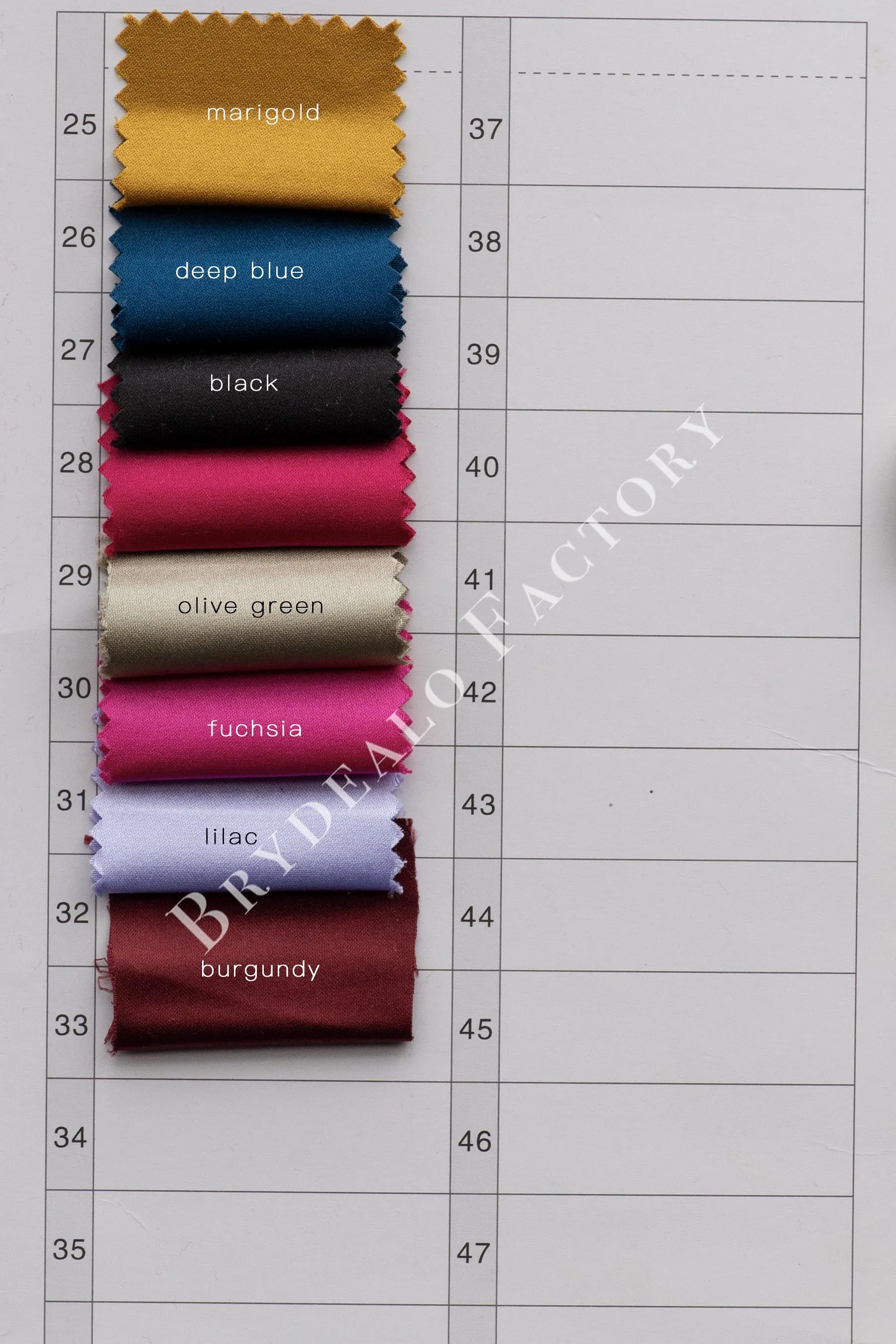 High-End Sheen Bridal Satin Fabric Color Chart｜30  Colors