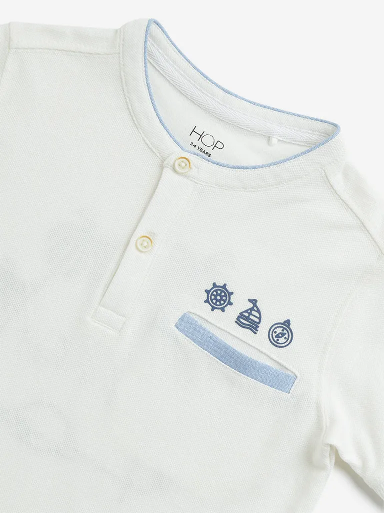 HOP Kids Off-White Embossed Print Henley Cotton T-Shirt