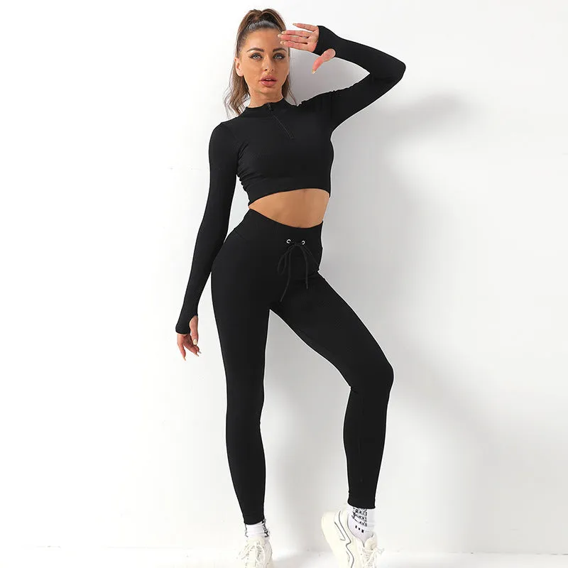 Hzori Seamless Yoga Clothes Long-Sleeved Sports Suit Women's Zipper Workout Clothes Yoga Jacket Yoga Pants Trousers