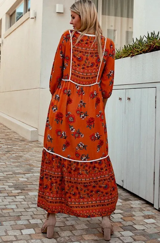 Isabella Boho long Sleeve Maxi Dress Rust