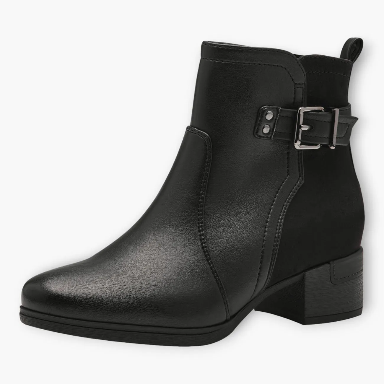 Jana Black Vegan Ankle Boots with Block Heel and Silver Buckle Detail