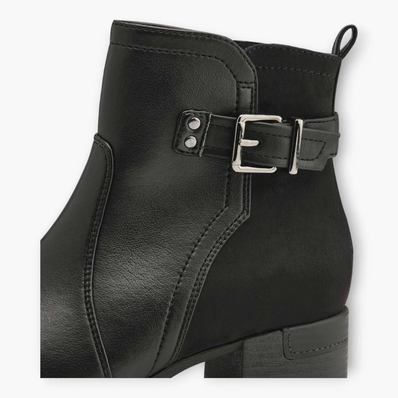 Jana Black Vegan Ankle Boots with Block Heel and Silver Buckle Detail