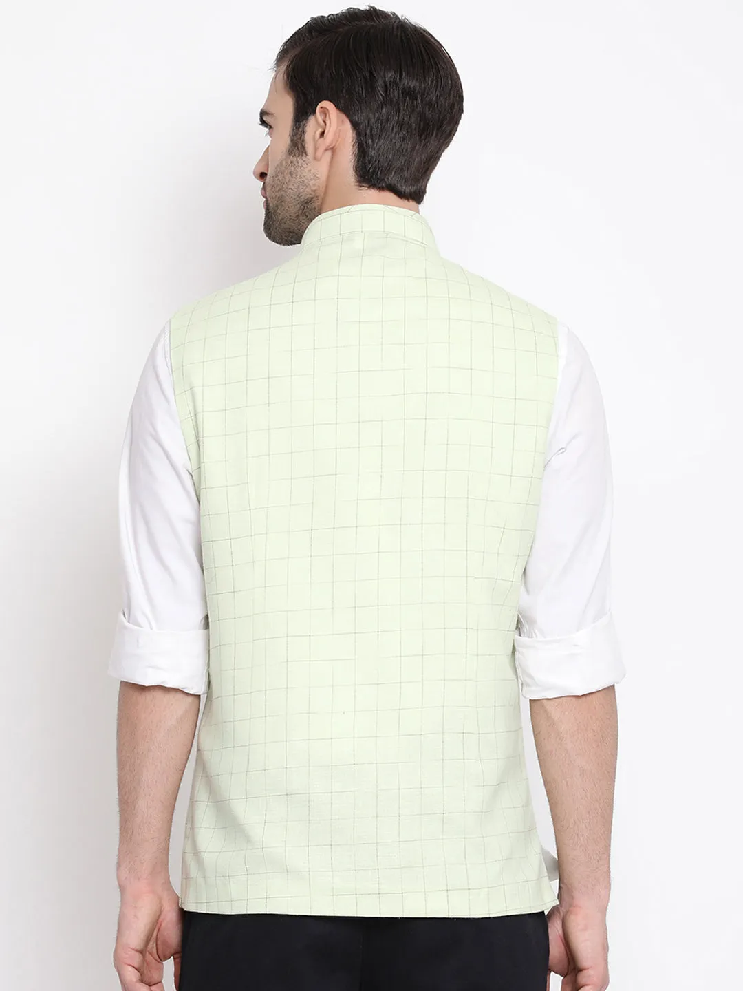 Jashvi Men's Mint Green Checkered Classic Linen Nehru Jacket