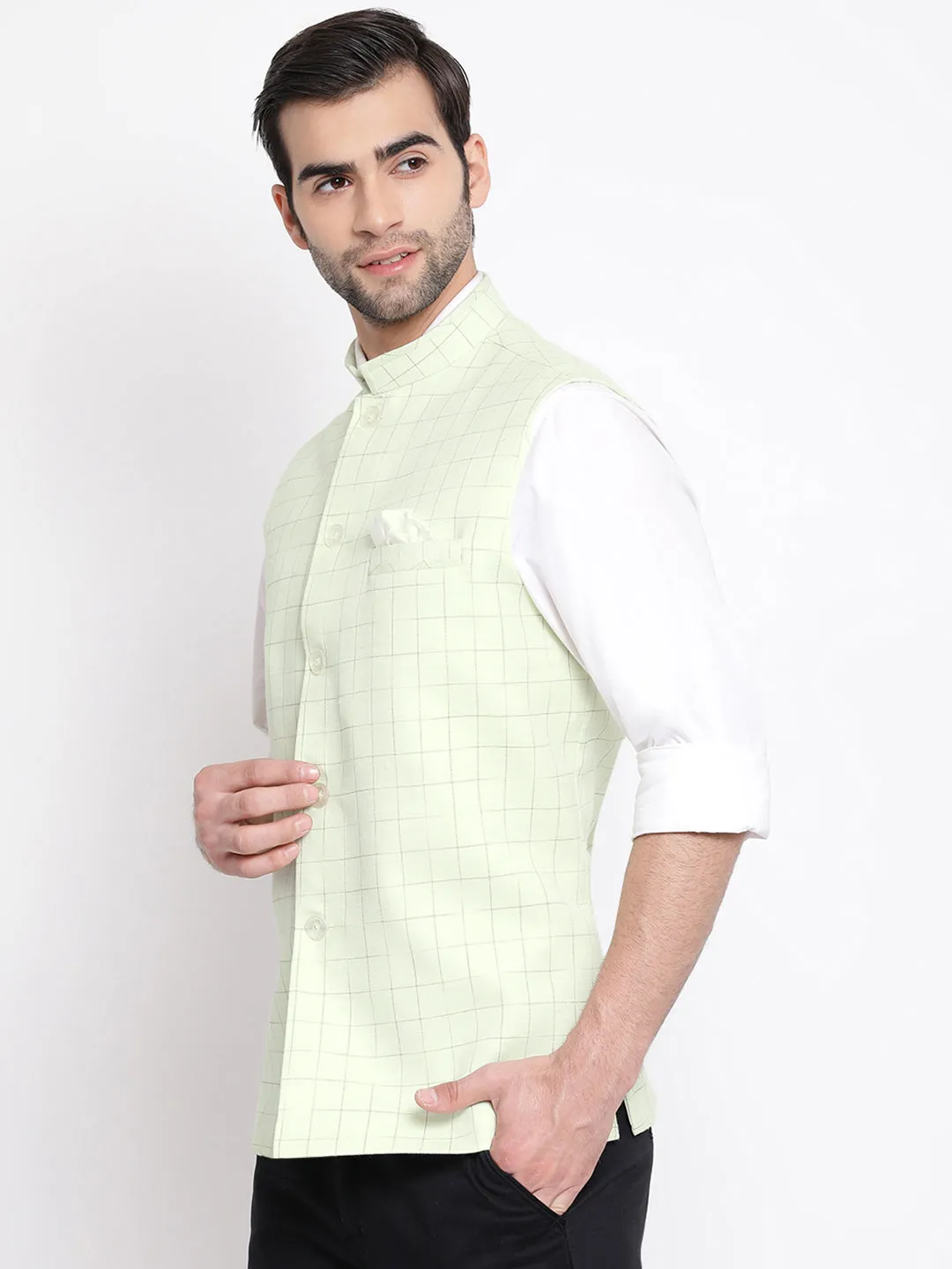 Jashvi Men's Mint Green Checkered Classic Linen Nehru Jacket