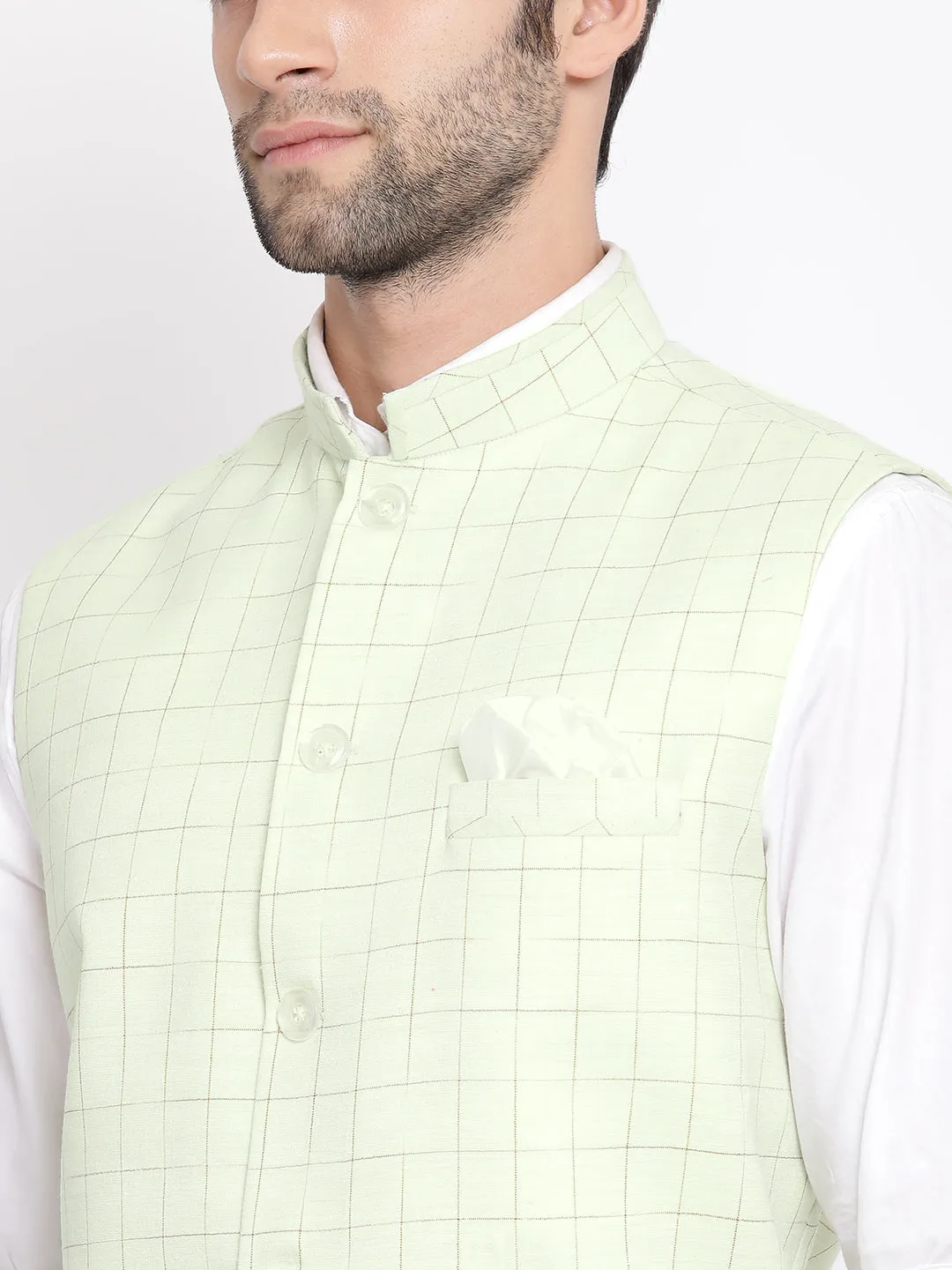 Jashvi Men's Mint Green Checkered Classic Linen Nehru Jacket