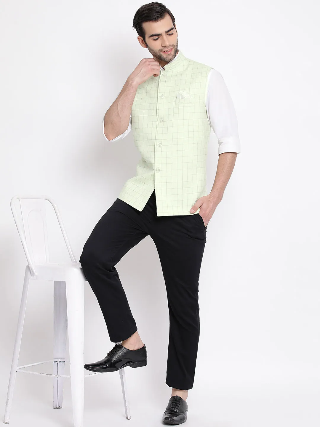 Jashvi Men's Mint Green Checkered Classic Linen Nehru Jacket