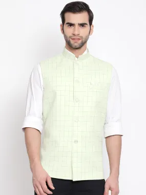 Jashvi Men's Mint Green Checkered Classic Linen Nehru Jacket