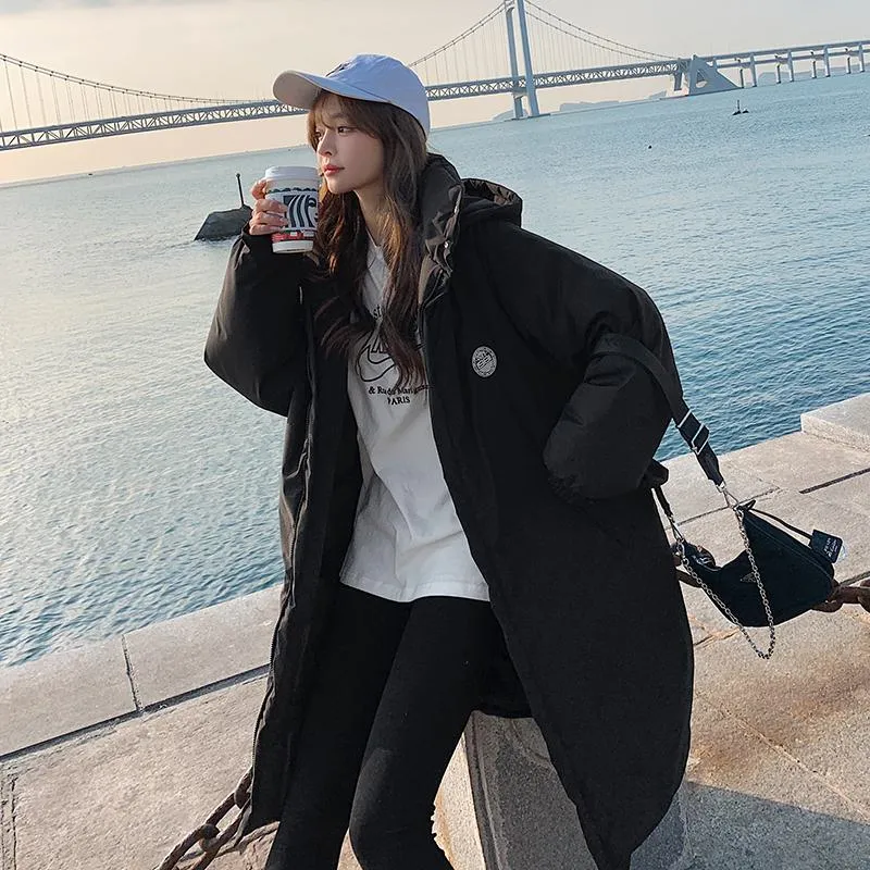 Knee-Length Hooded Loose Fit Puffer Jacket