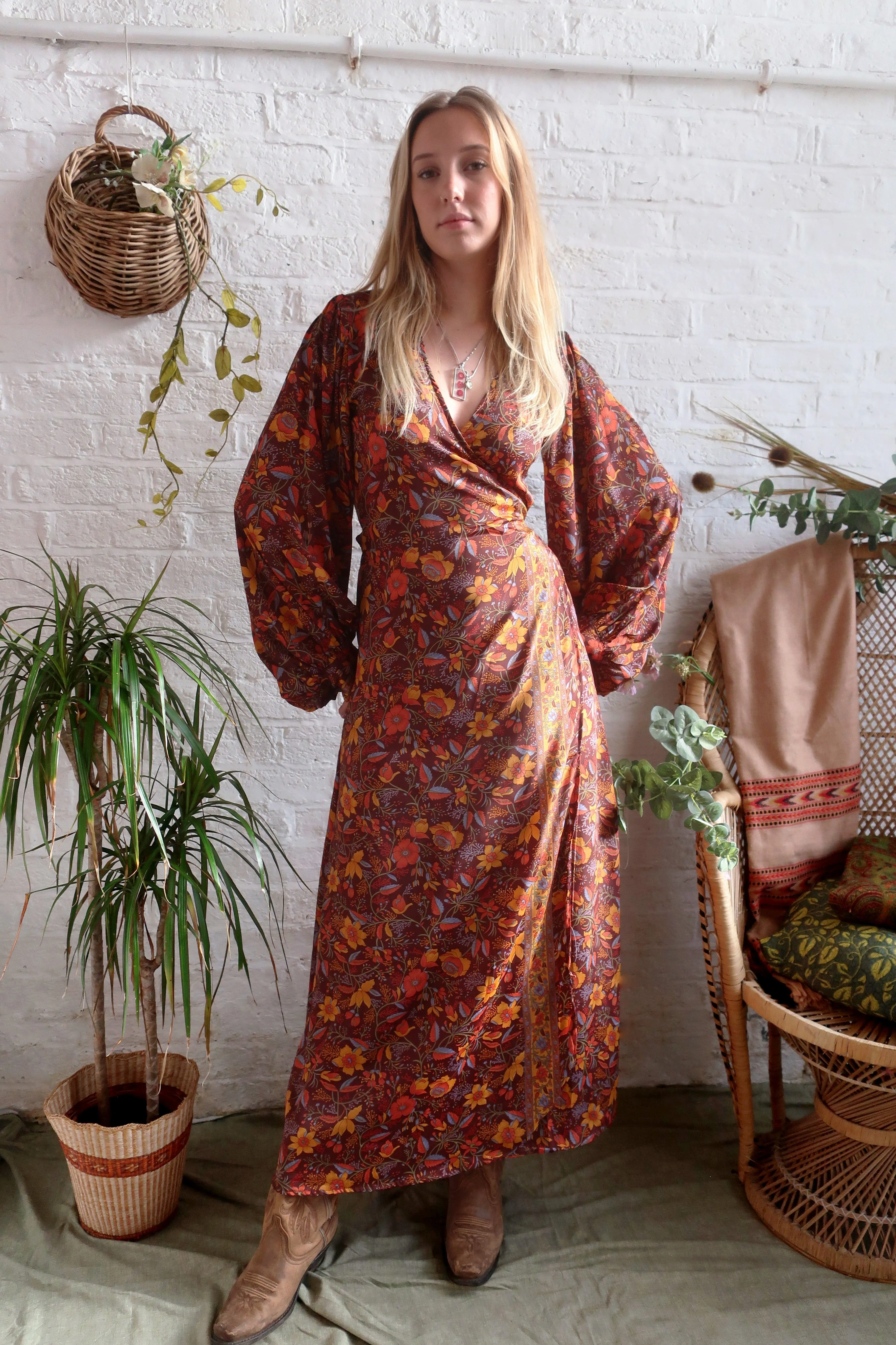 Lola Folklore Floral Wrap Dress in Mahogany Brown