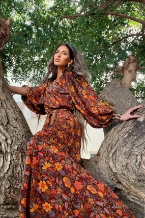 Lola Folklore Floral Wrap Dress in Mahogany Brown