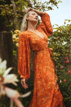 Lola Folklore Floral Wrap Dress in Maple Orange