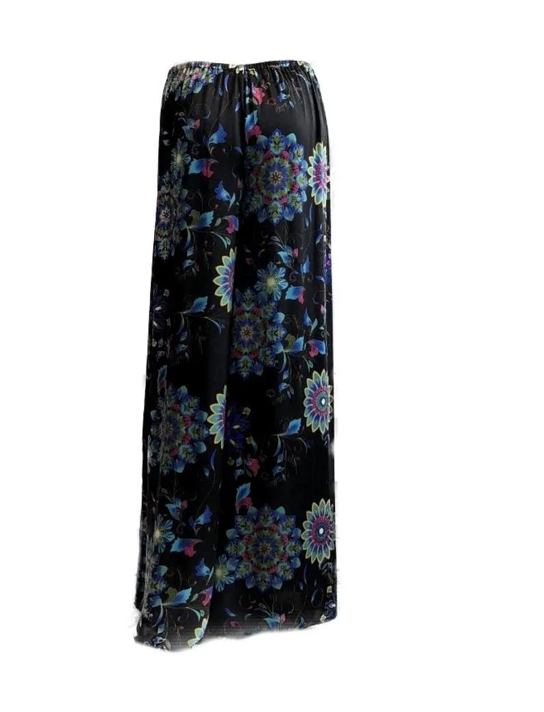 Luxurious 100% Italian Silk Satin Stretch/charmeuse silk Bold Black and turquoise print Palazzo Trouser elastic waist Fit UK Size 6 - 10