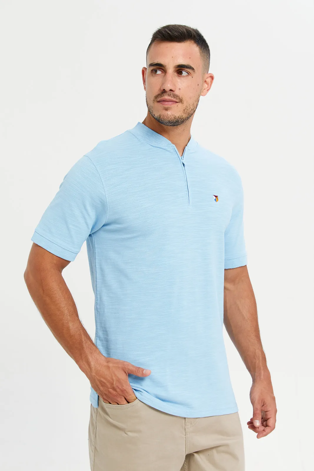 Men Blue Solid Henley Polo T-Shirt