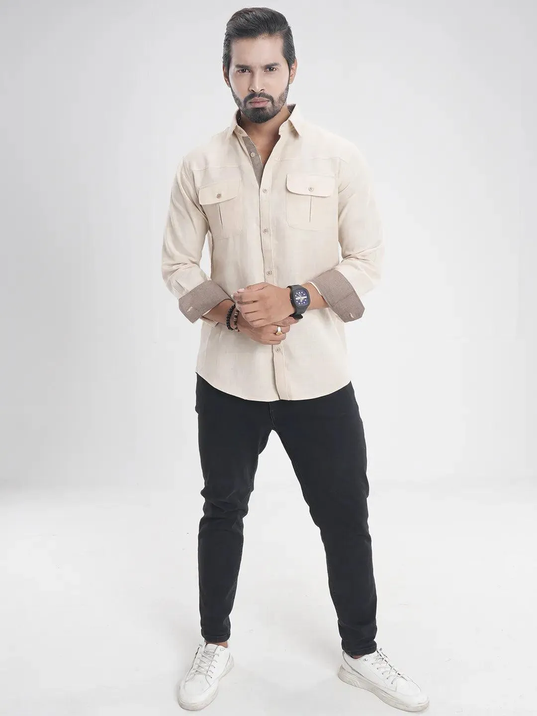 Men's Full Sleeve Casual Shirt in Bright Cream