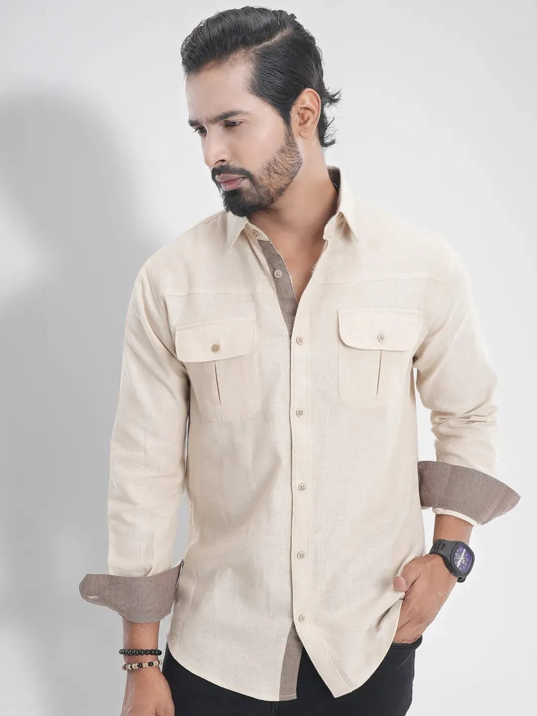 Men's Full Sleeve Casual Shirt in Bright Cream