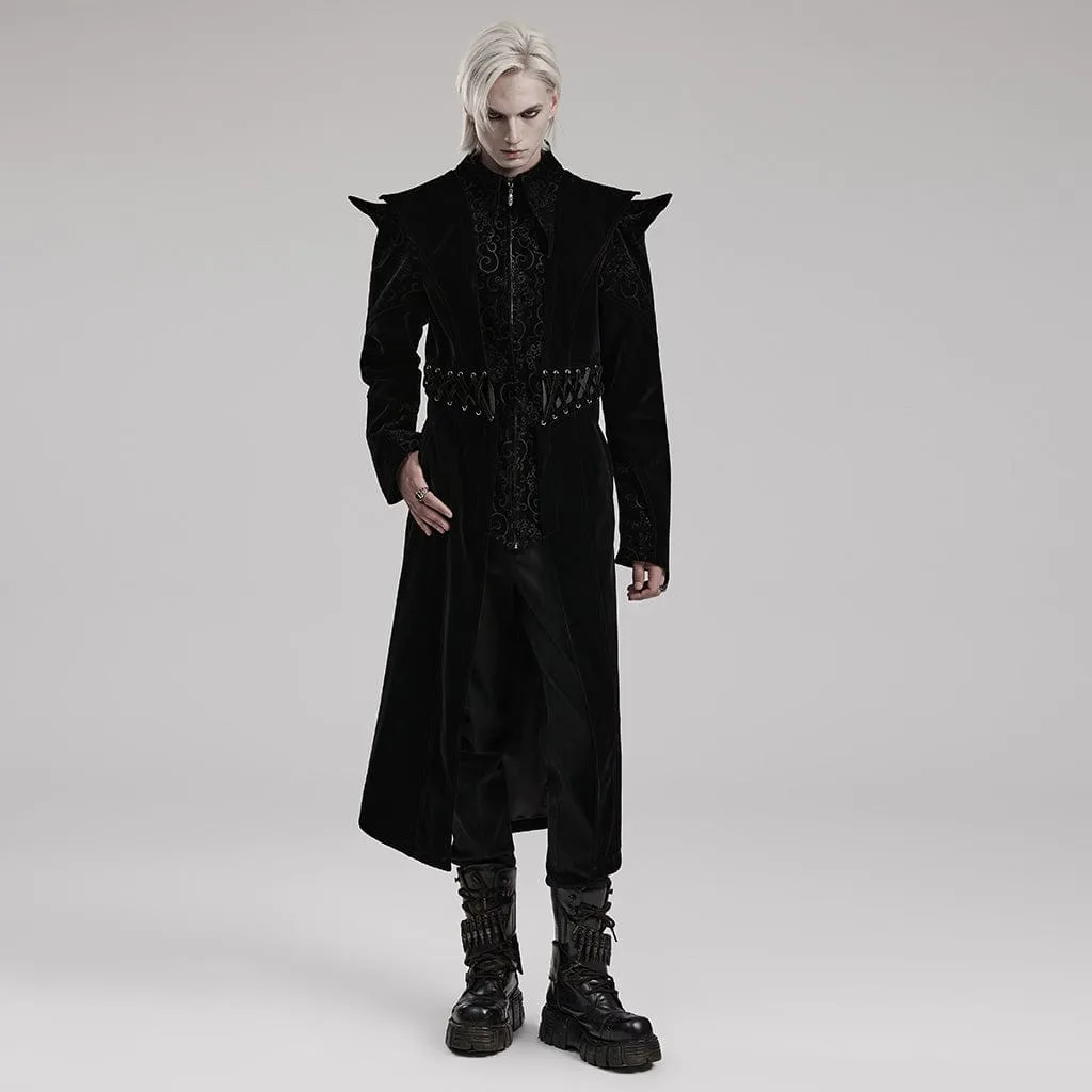 Men's Gothic Stand Collar Jacquard Velvet Mid-length Coat