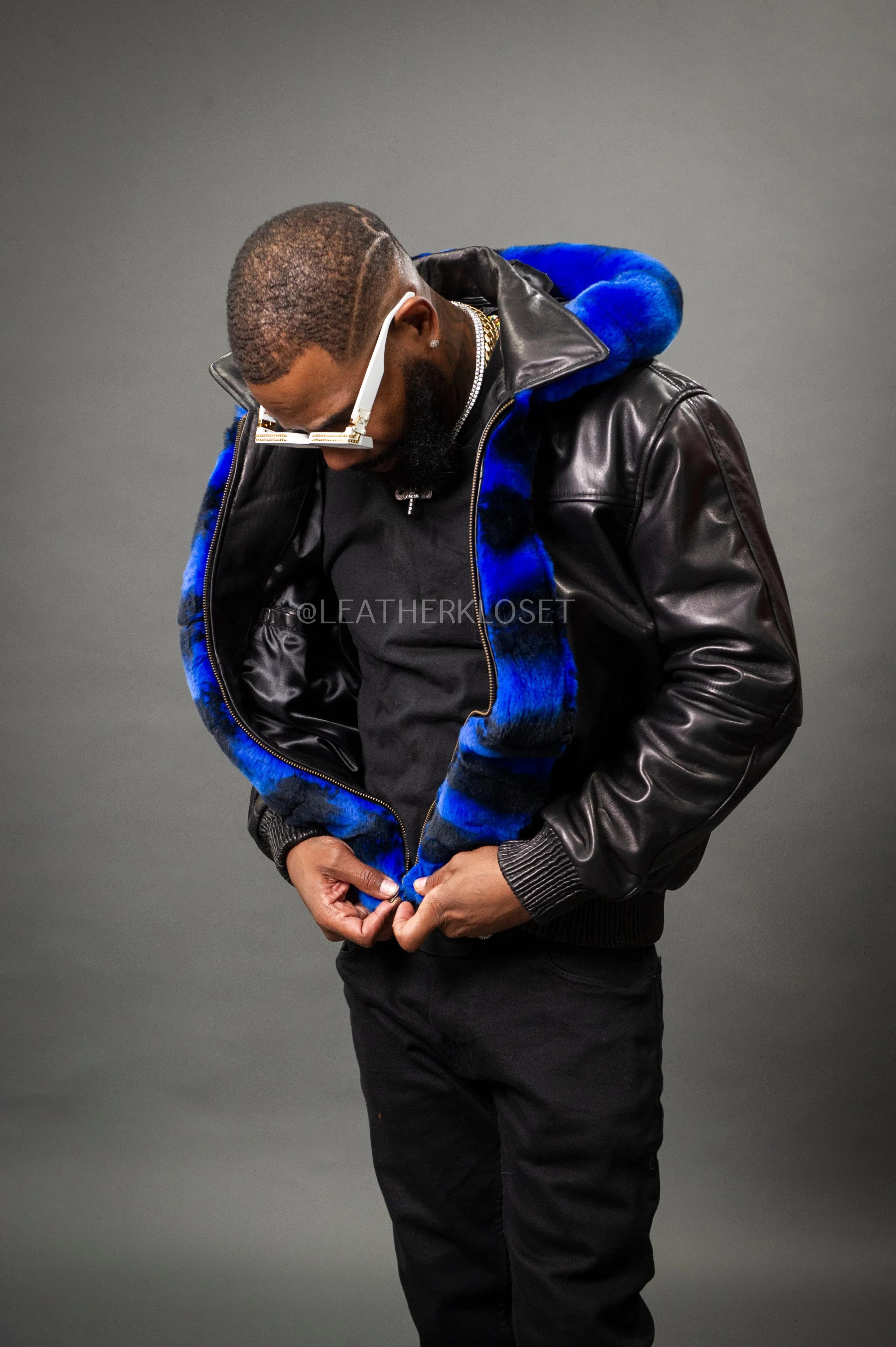 Men's Leather With Chinchilla Rex Combo [Black/Blue]