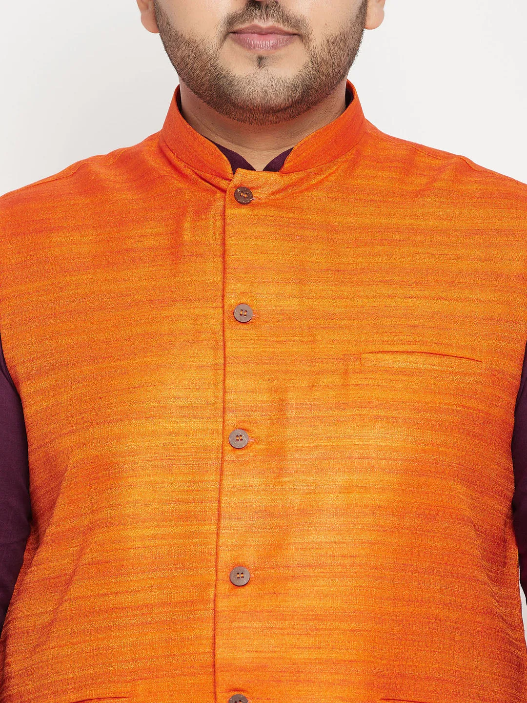 Men's Plus Purple, Orange And White Cotton Blend Jacket Kurta Pyjama Set - Vastramay