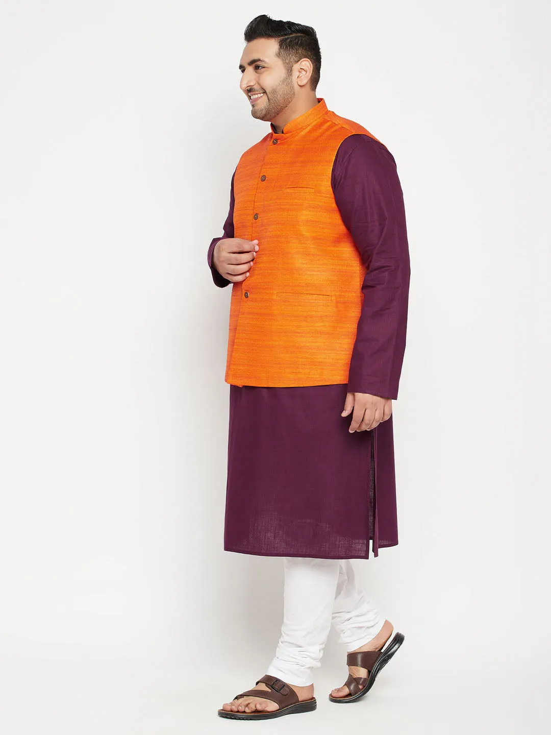 Men's Plus Purple, Orange And White Cotton Blend Jacket Kurta Pyjama Set - Vastramay