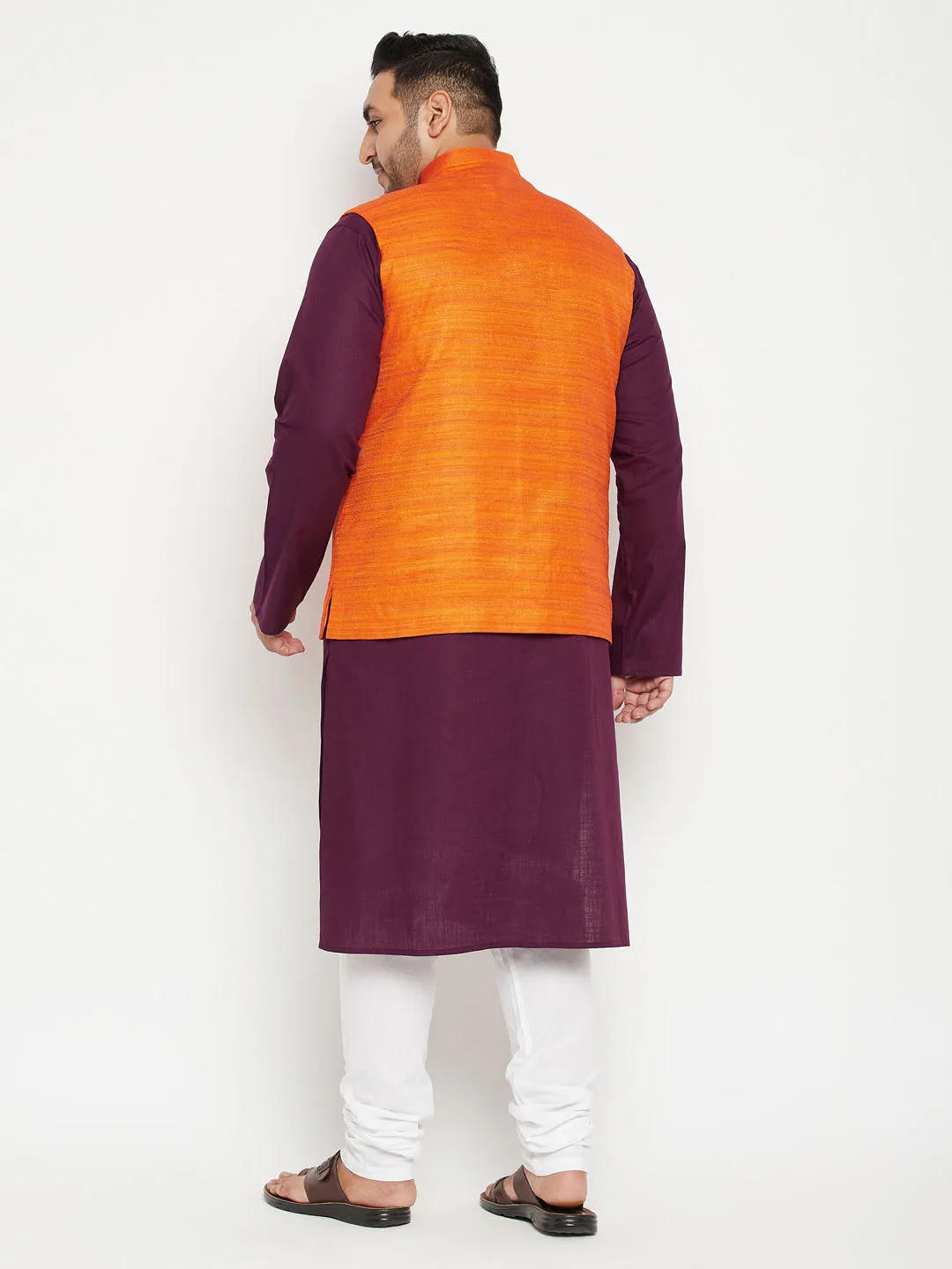 Men's Plus Purple, Orange And White Cotton Blend Jacket Kurta Pyjama Set - Vastramay