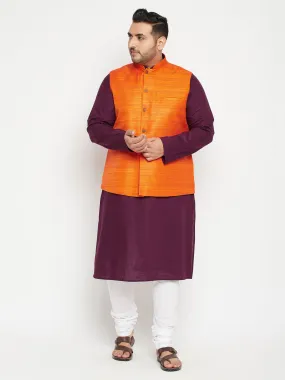 Men's Plus Purple, Orange And White Cotton Blend Jacket Kurta Pyjama Set - Vastramay