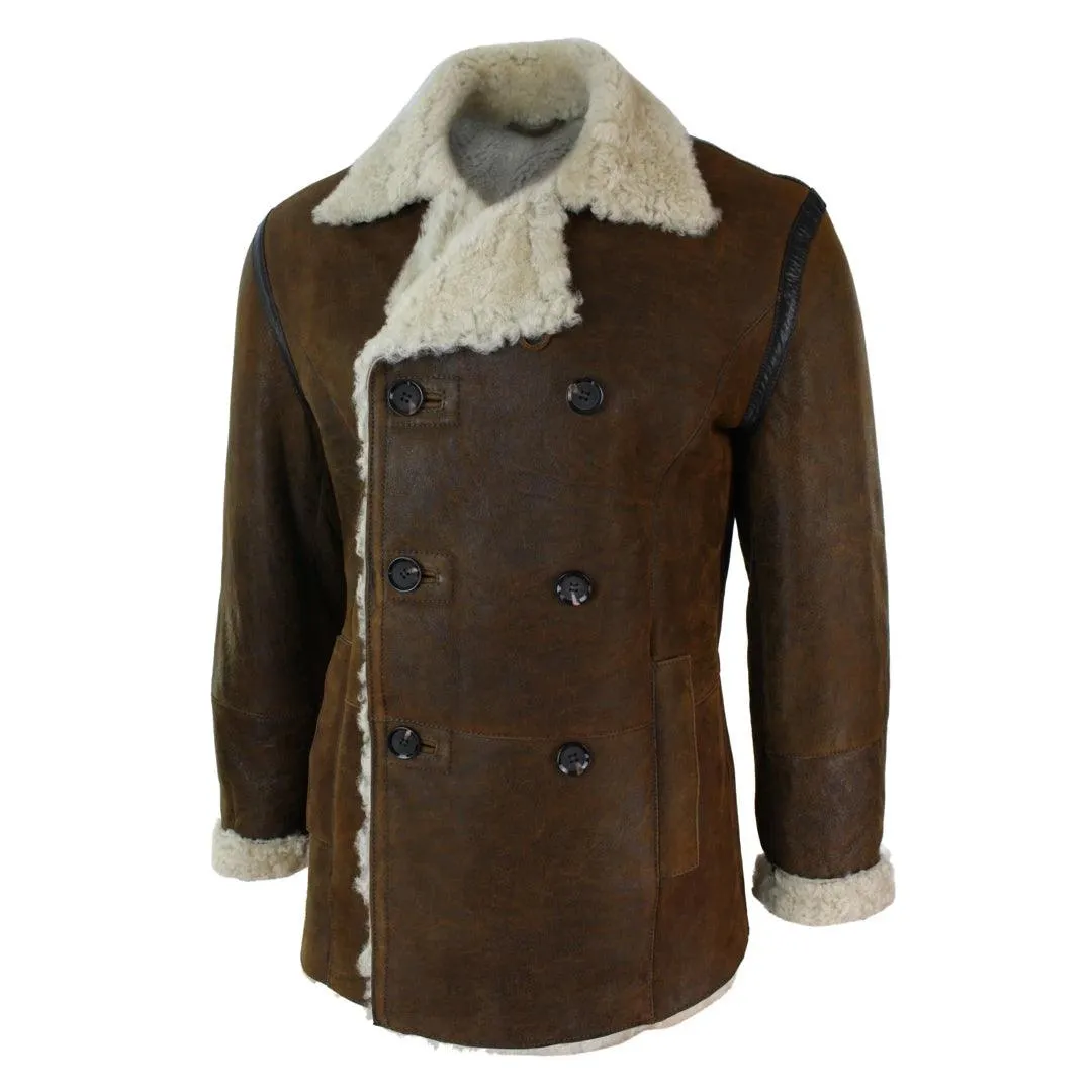 Mens Real Shearling German Navy Sheepskin Double Breasted Jacket Vintage Brown