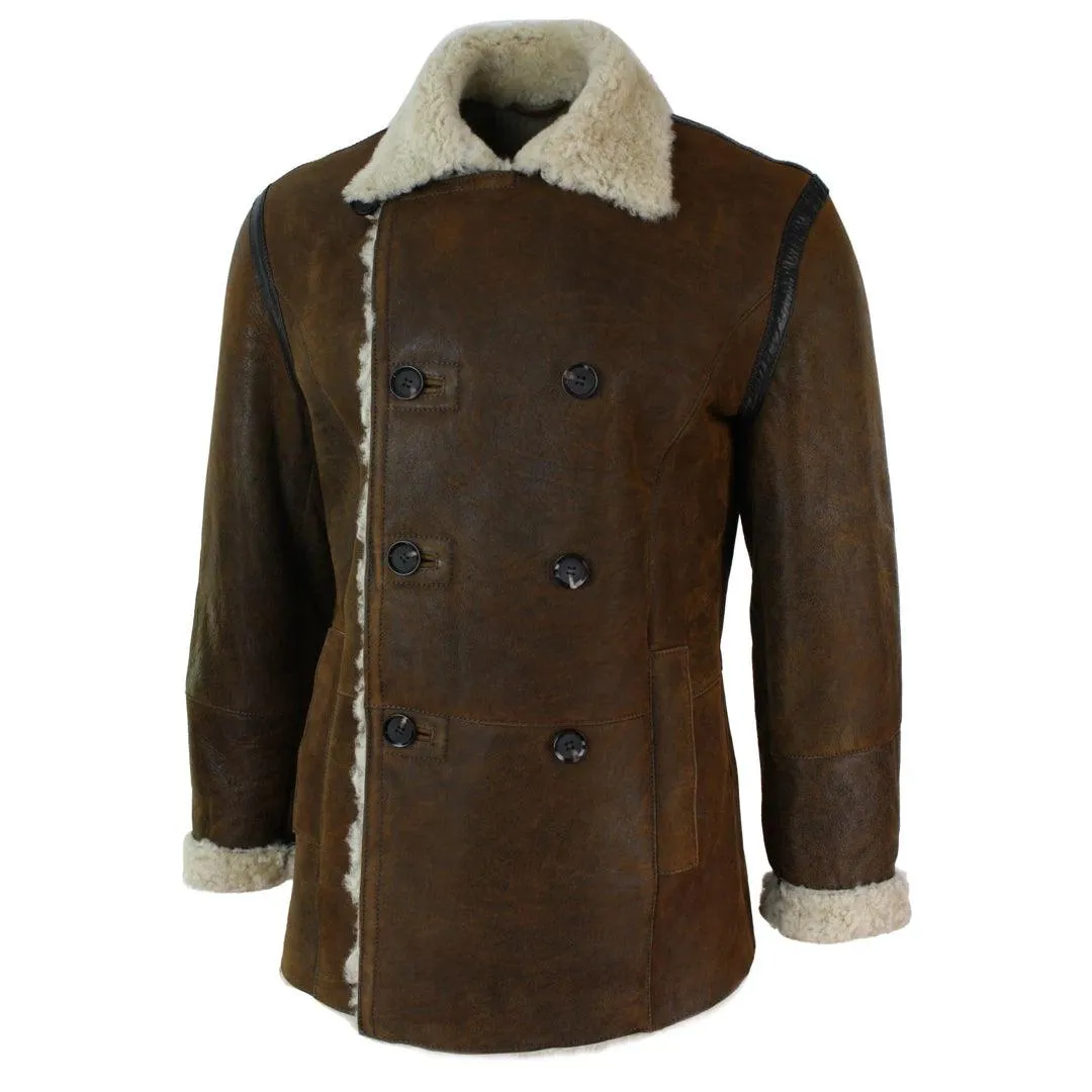 Mens Real Shearling German Navy Sheepskin Double Breasted Jacket Vintage Brown