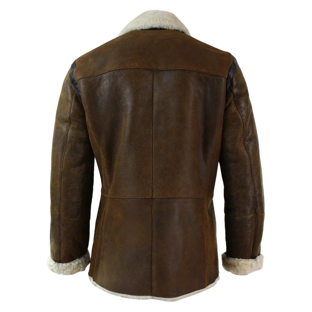 Mens Real Shearling German Navy Sheepskin Double Breasted Jacket Vintage Brown