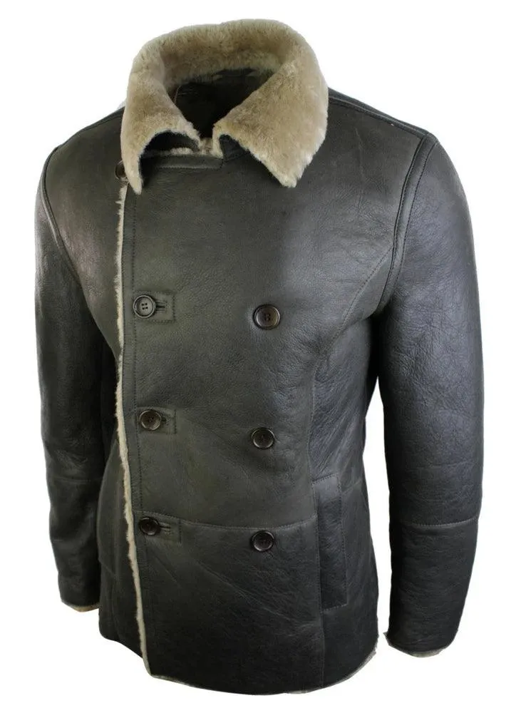 Mens Real Shearling German Navy Sheepskin Double Breasted Jacket Vintage Brown