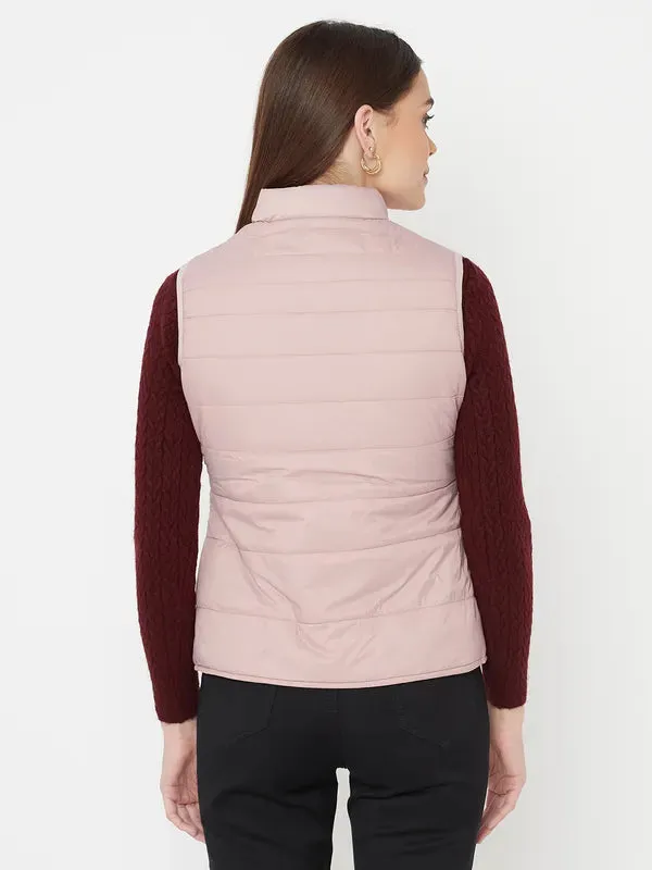 Mettle Women Pink Geometric Sleevless Puffer Jacket