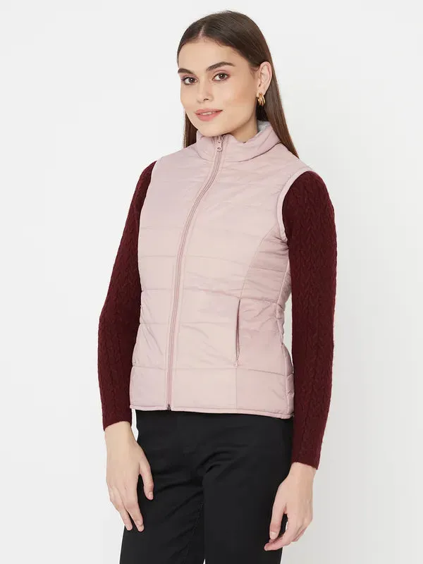 Mettle Women Pink Geometric Sleevless Puffer Jacket